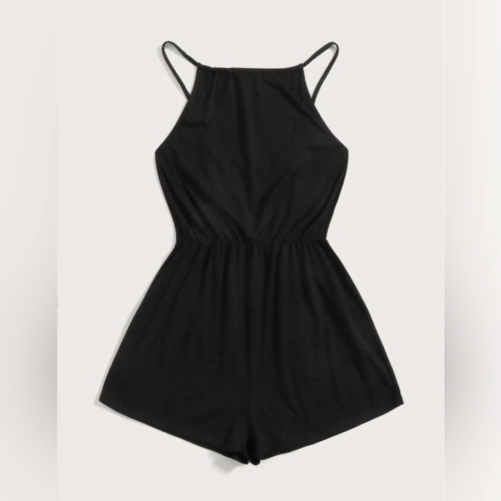 Black Patterned High Neck Cotton Romper XS
